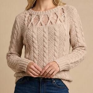 Lauren Conrad Cable Knit Sweater Floral Lace Inset Lattice Neckline Pullover